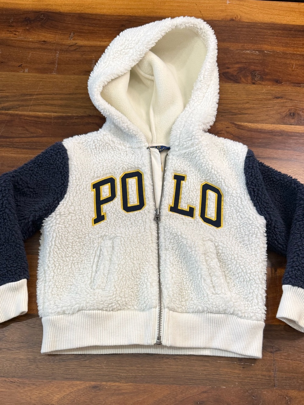 Polo Ralph Lauren Kids 4 4T Sherpa Fleece Hoodie Full Zip Ivory Navy POLO